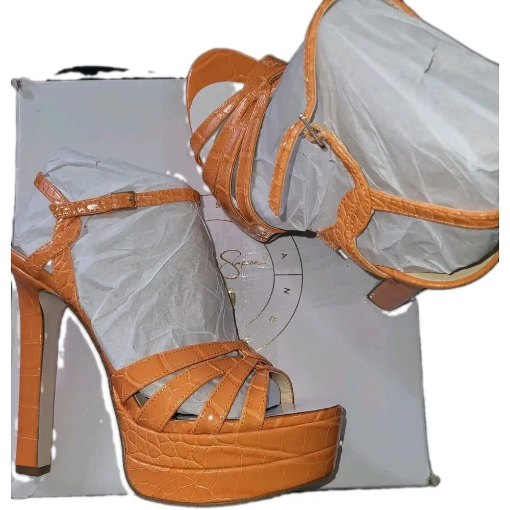 Jessica Simpson Itzari Platform Sandals Orange Croc Strappy Heels 9.5M New Box